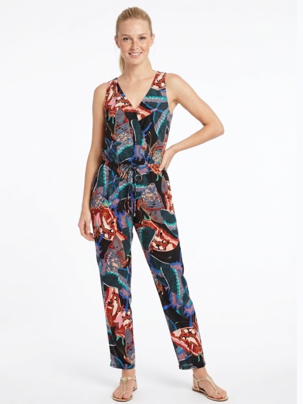Veronica M Monarch Butterfly Sleeveless Lightweight Woven Jumpsuit - Size Medium